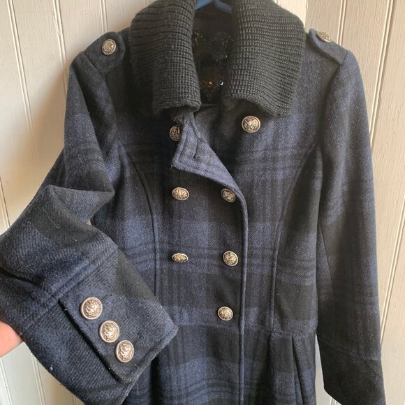 Guess Women's Blue Black Plaid Double Breast Wool Pea Coat Knit Collar Military - Picture 4 of 16